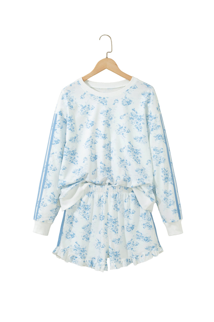 Sky Blue Floral Print Long Sleeve Top Ruffle Hem Shorts 2pcs Set