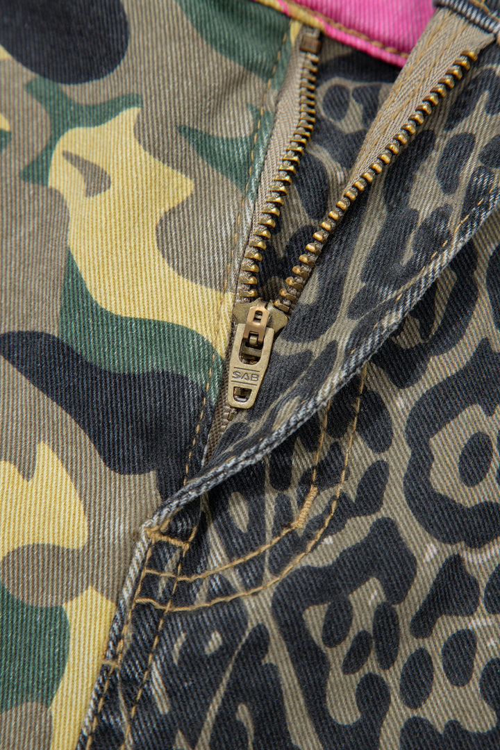 Multicolour Abstract Camouflage Print Contrast Leopard Patchwork Straight Leg Jeans