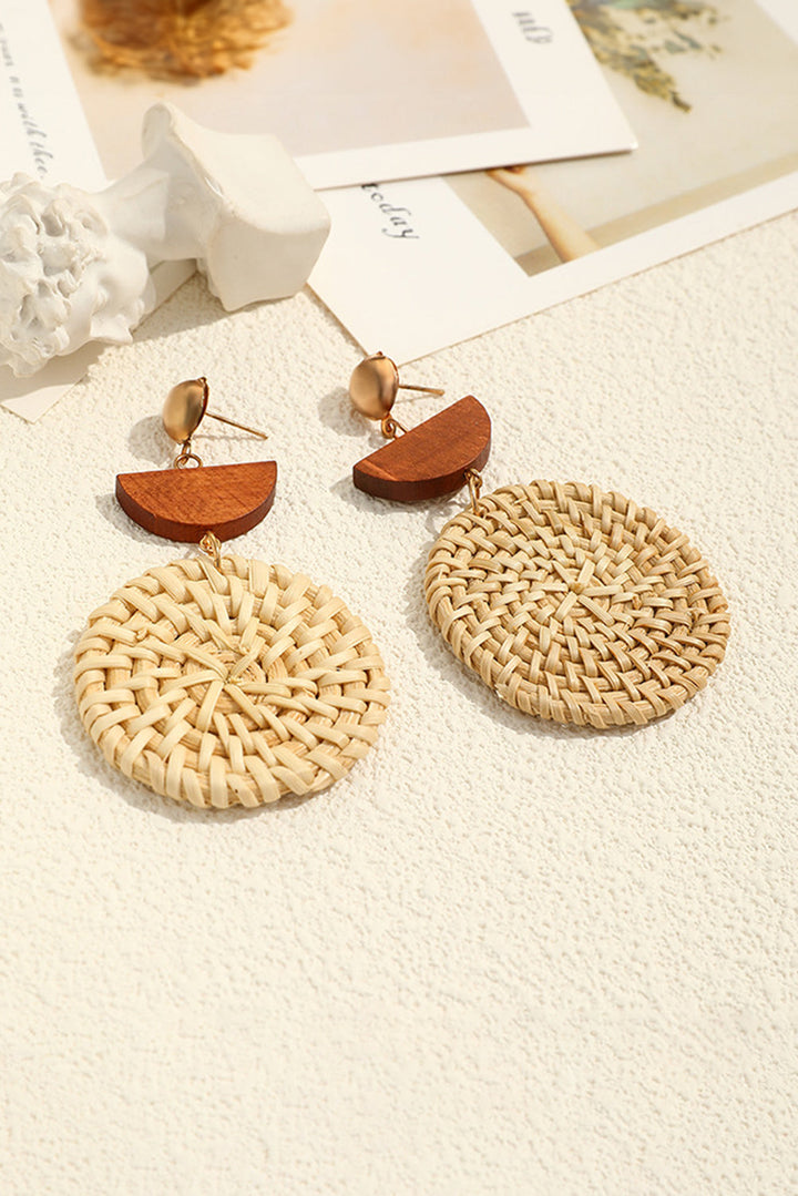 Boucles d'oreilles pendantes en forme de disque en bois tissé