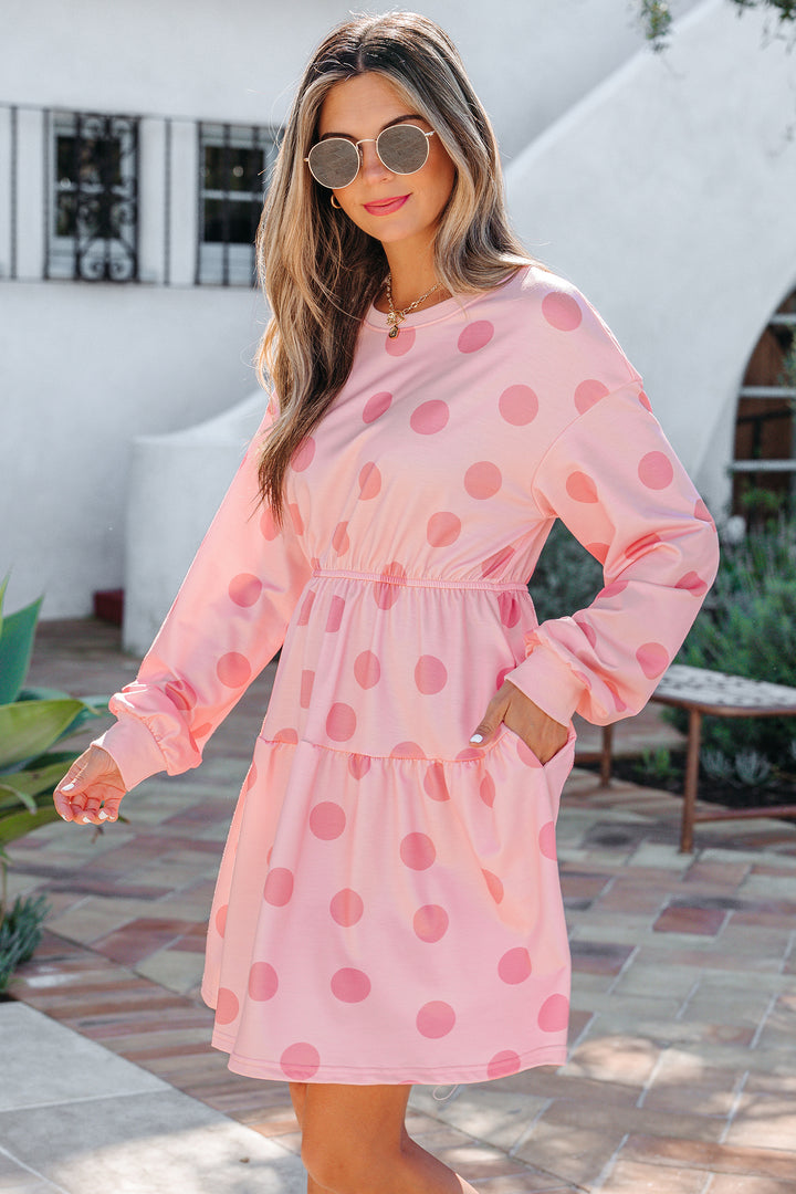 Polka Dot Printed Long Sleeve Flared Mini Dress
