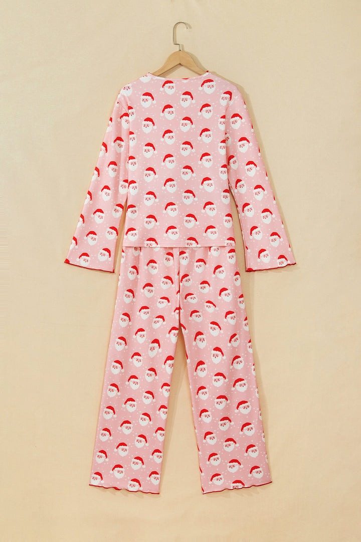 Pink Christmas Santa Print Frilled Button Front Long Sleeve Top Lounge Pant Set