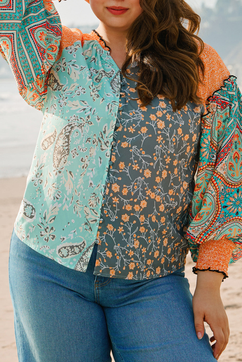 Floral Patchwork Lantern Sleeve Buttoned V Neck Plus Size Blouse