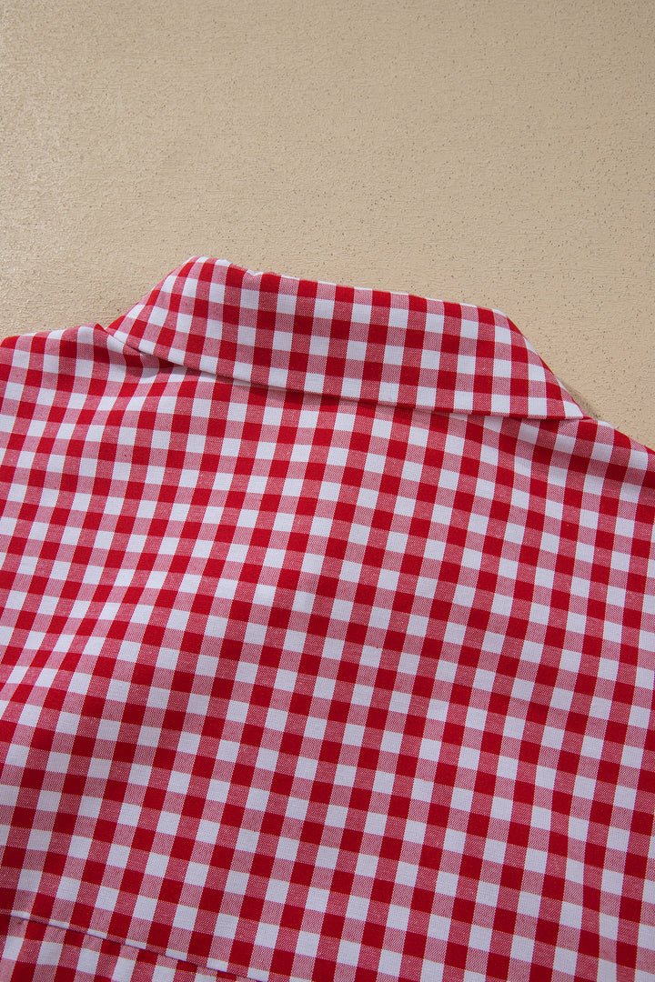 Red Plaid V Neck Long Sleeve Tunic Loose Fit Plus Size Shirt