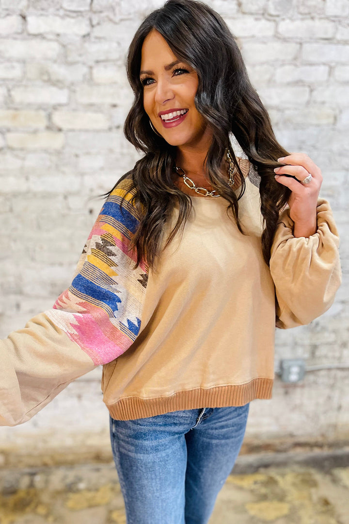 Aztec Patchwork Raglan Pullover Sweatshirt