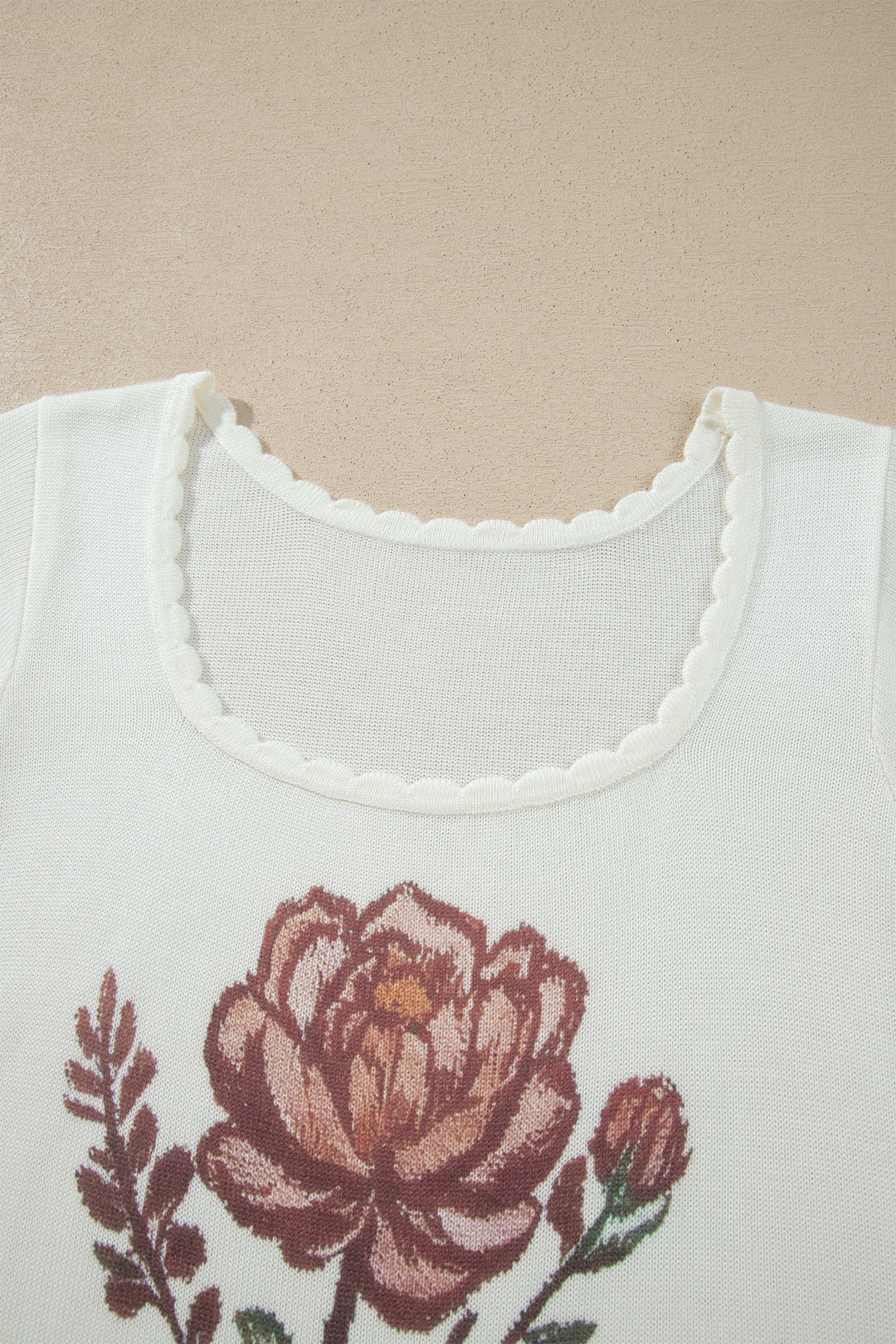 Chic White Western Floral Print Short Sleeve Square Collar Knit Sweater