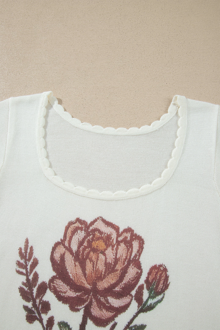 Chic White Western Floral Print Short Sleeve Square Collar Knit Sweater