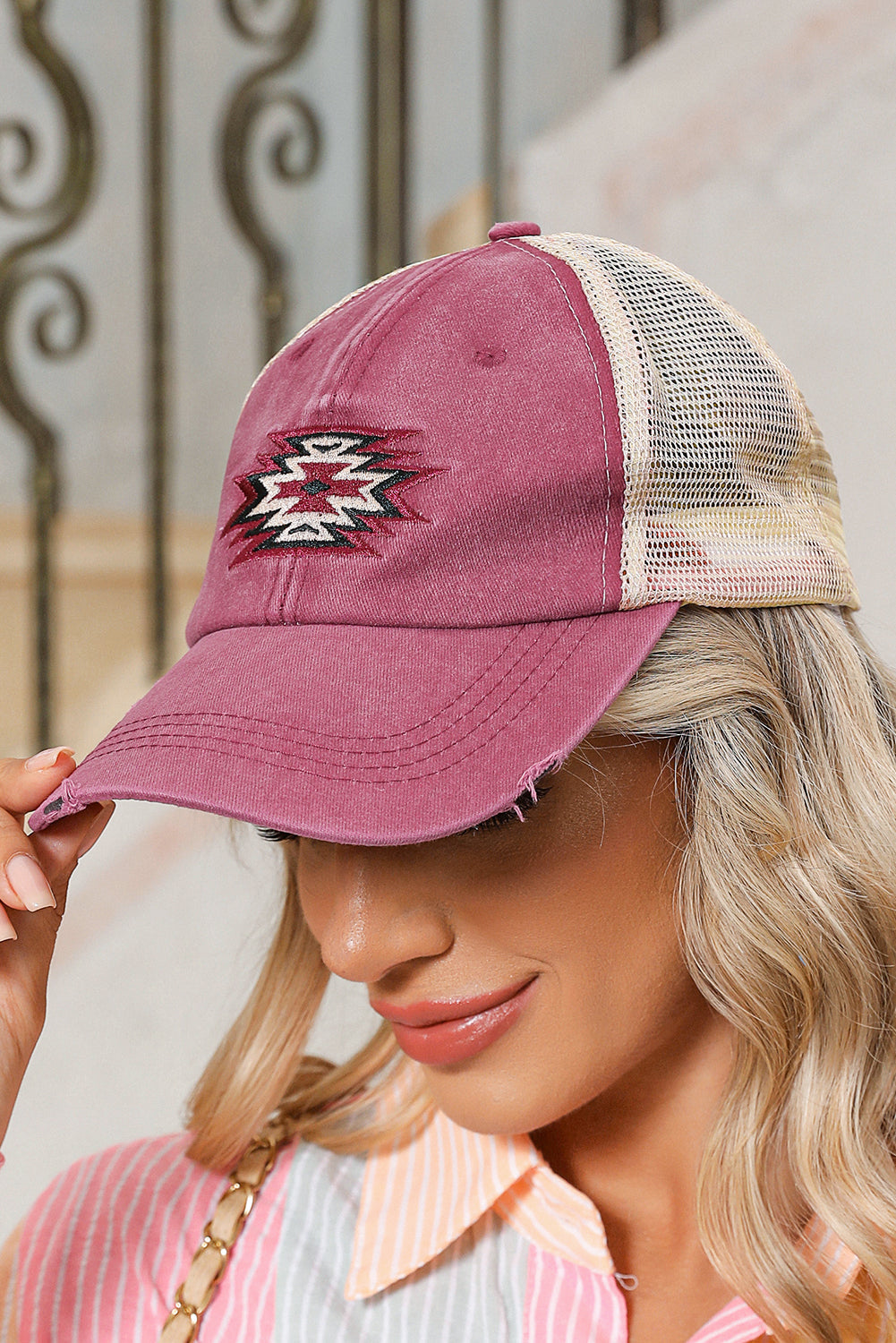 Casquette de baseball en coton vieilli à motif aztèque