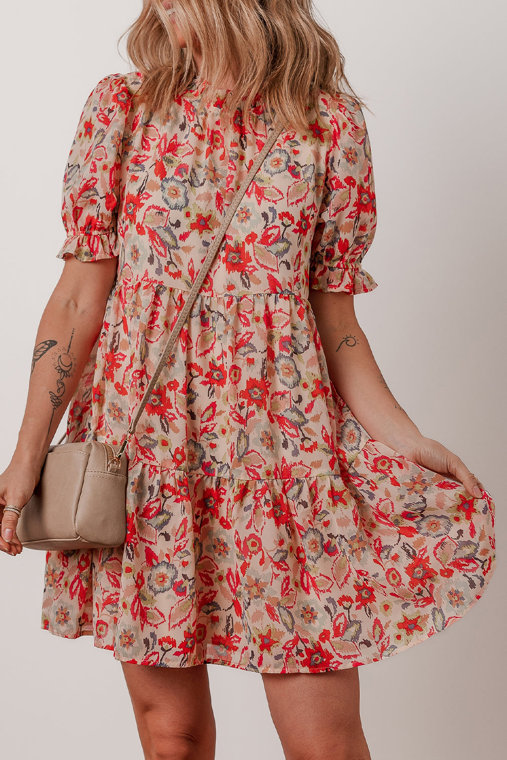 floral print frilled neck puff sleeve high waist dress