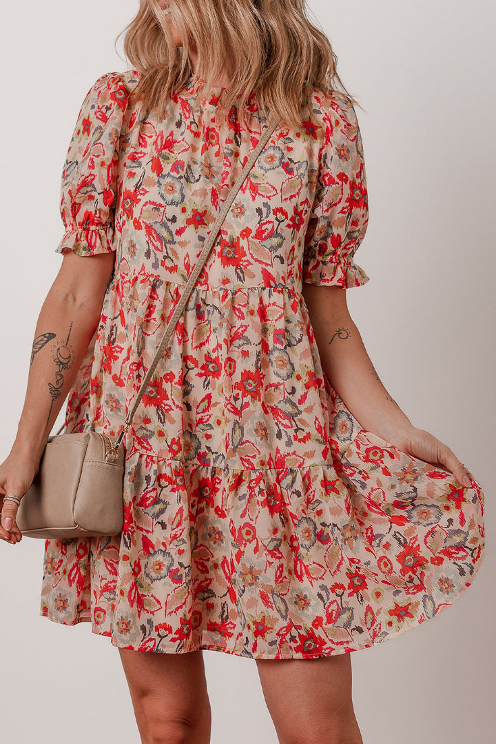 floral print frilled neck puff sleeve high waist dress