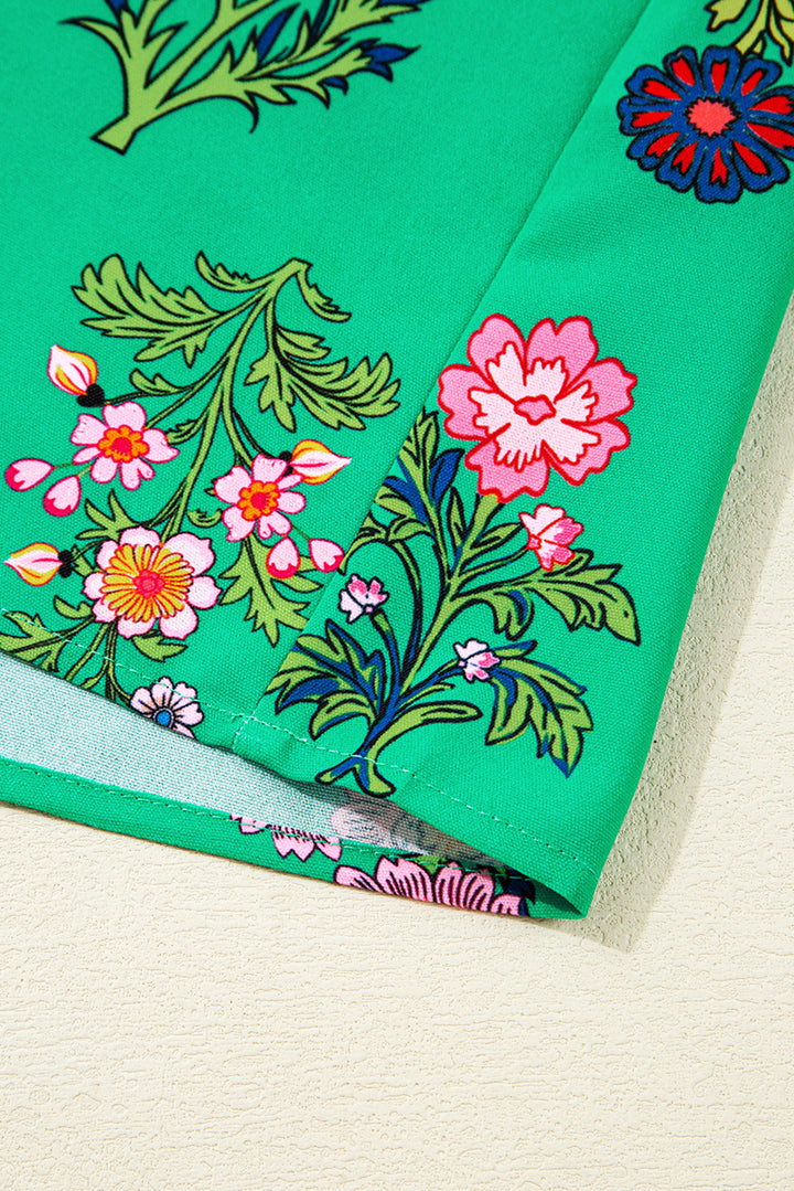 Robe mini boutonnée à volants et manches trois-quarts fleuries