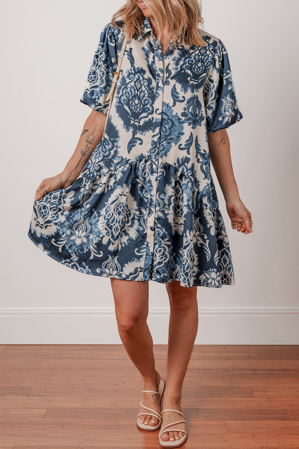 boho floral print buttoned collared loose fit mini dress