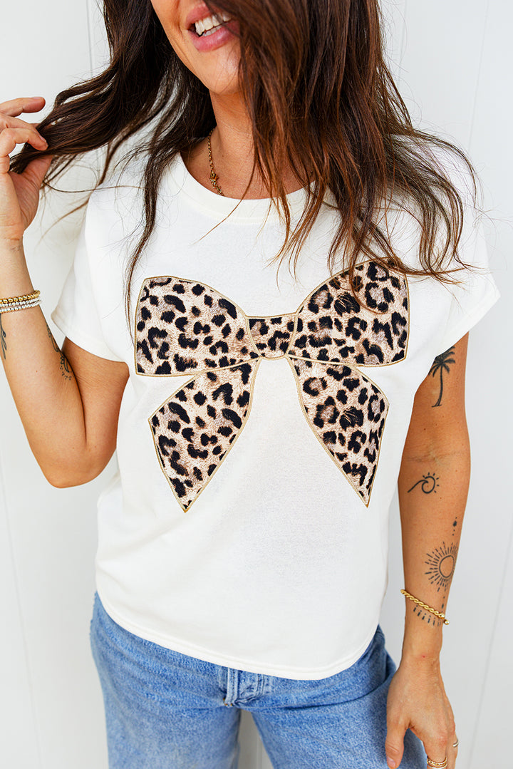 Leopard Bow Embroidered Cotton Round Neck T Shirt