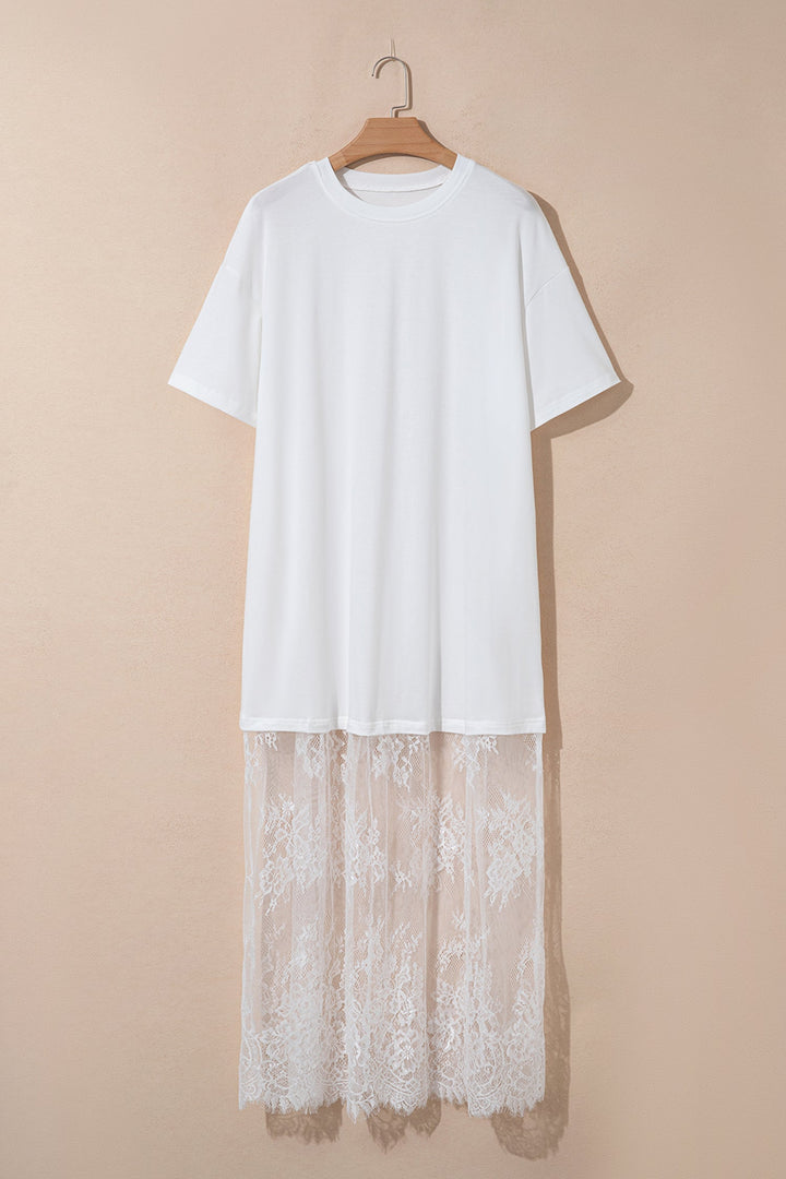 White Floral Patchwork Short Sleeve T Shirt Loose Maxi Dress