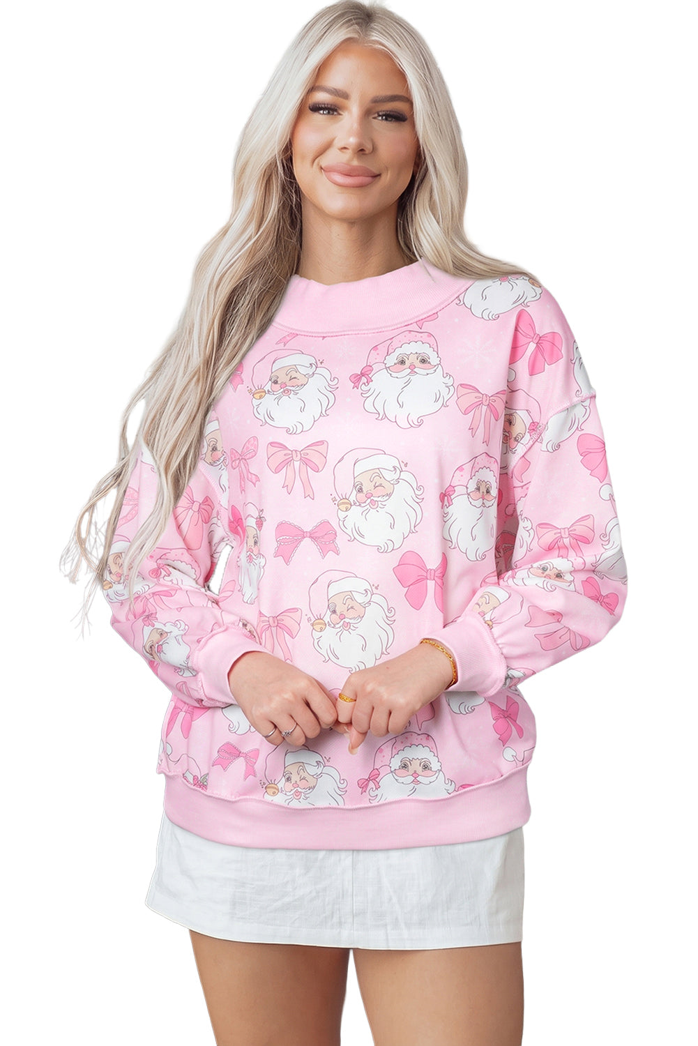 Pink Abstract Santa Print Drop Shoulder High Neck Sweatshirt