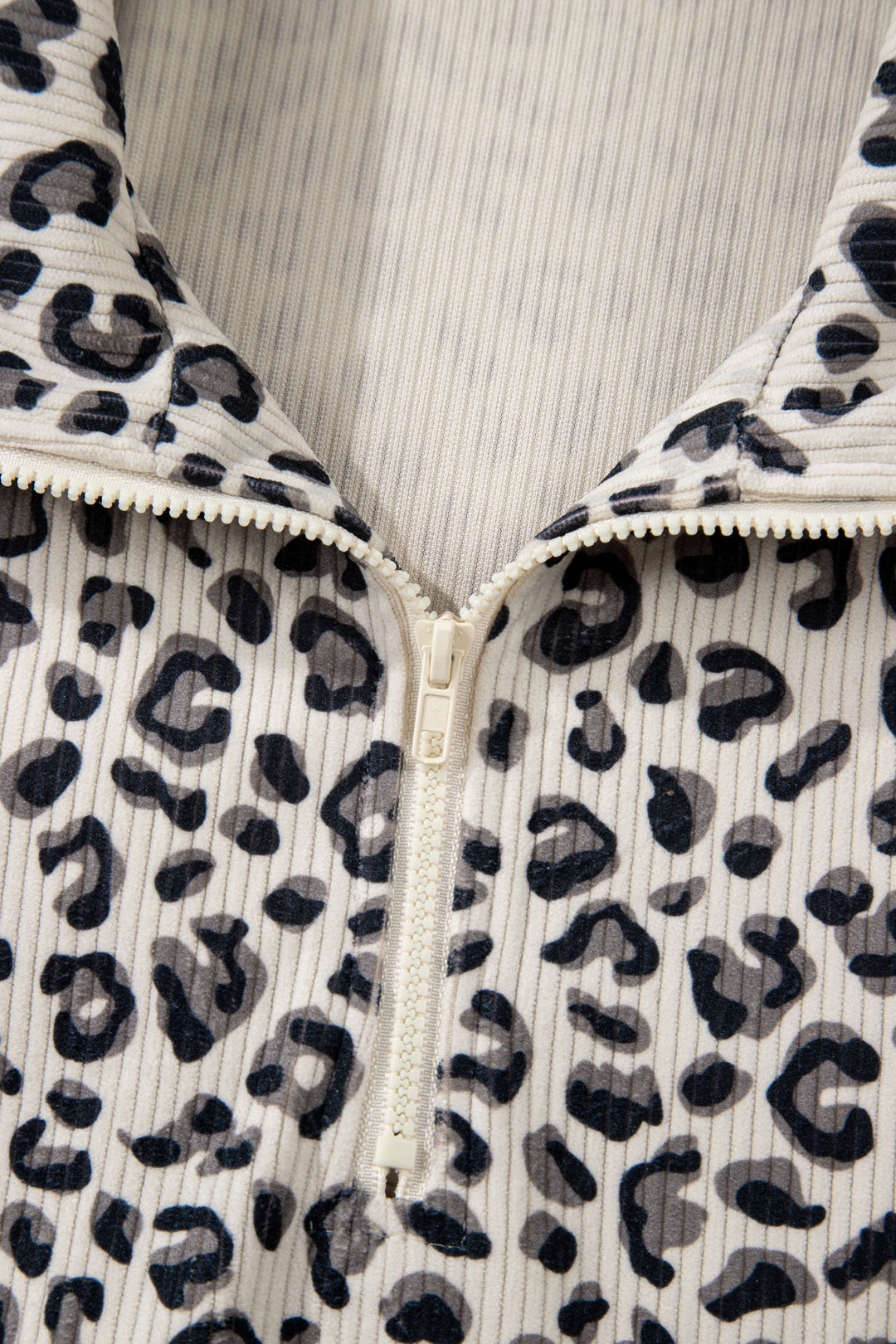 Beige Leopard Print Quarter Zip Corduroy Sweatshirt