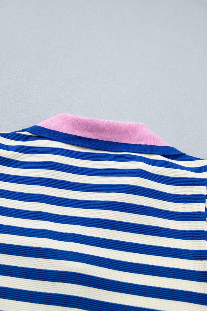 Blue Stripe Contrast Trim Polo Collar Ruffled Short Sleeve Blouse