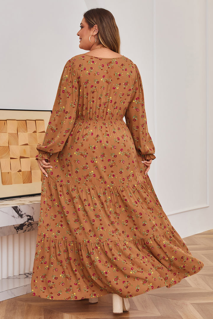 Brown Plus Size Floral Split V Neck Tiered Maxi Dress