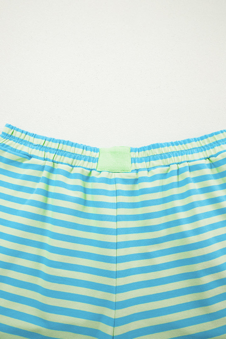 Green Stripe Color Block Detail Long Sleeve Pullover Elastic Waist Pull On Shorts 2pcs Set