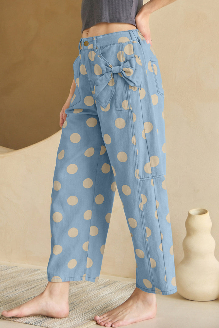 Sky Blue Polka Dot Print Bow Detail Pocketed Barrel Jeans