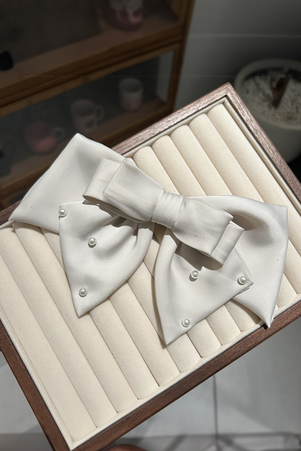 Pearl Embellished Tiered Satin Bowknot Hair Clip