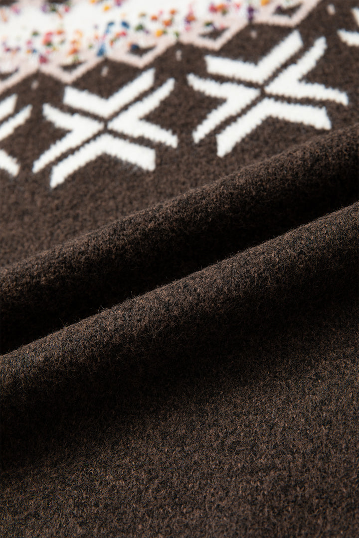 Chicory Coffee Christmas Theme Geometric Pattern Knit Round Neck Shift Sweater