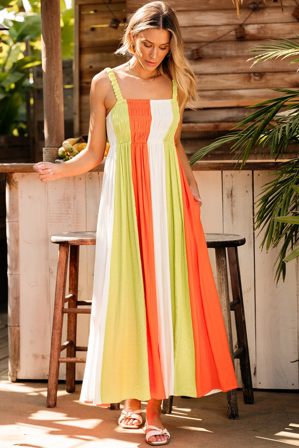Color Block Shirred High Waist Fit and Flare Maxi Dress