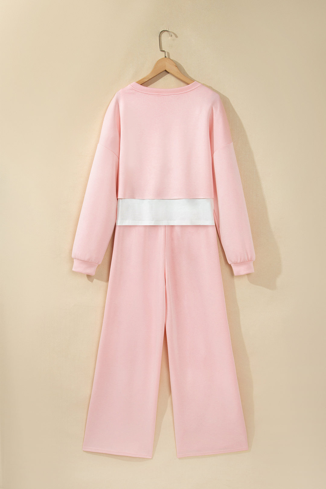 Pink Color Contrast Overlay Long Sleeve Top Drawstring Loose Pant Set