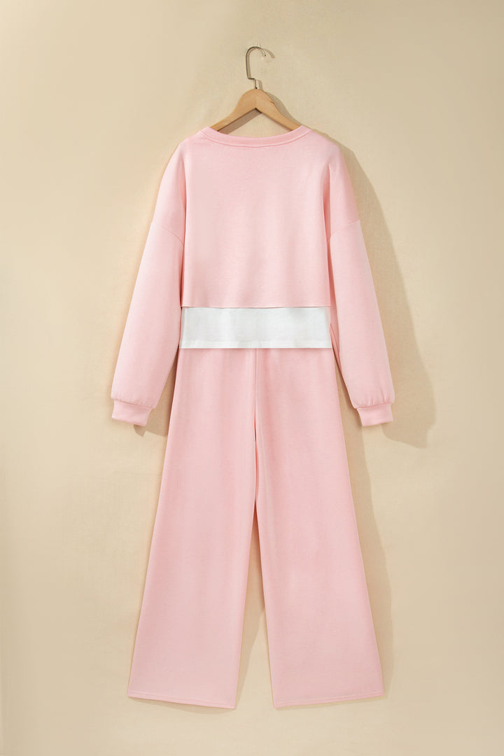 Pink Color Contrast Overlay Long Sleeve Top Drawstring Loose Pant Set
