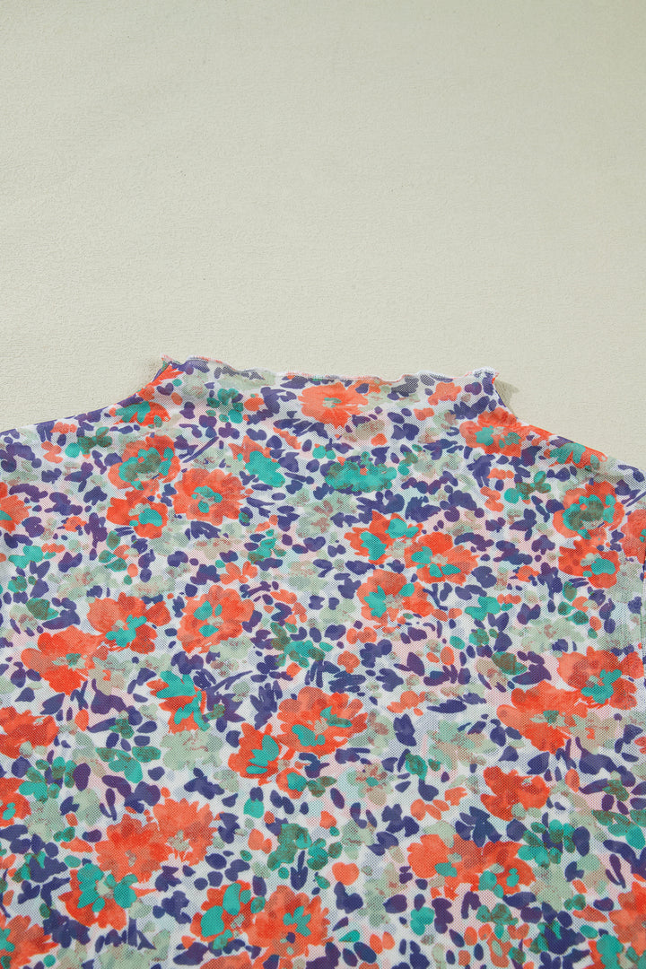 Blue Floral Print Slim Fit Mesh Long Sleeve Mock Neck Top