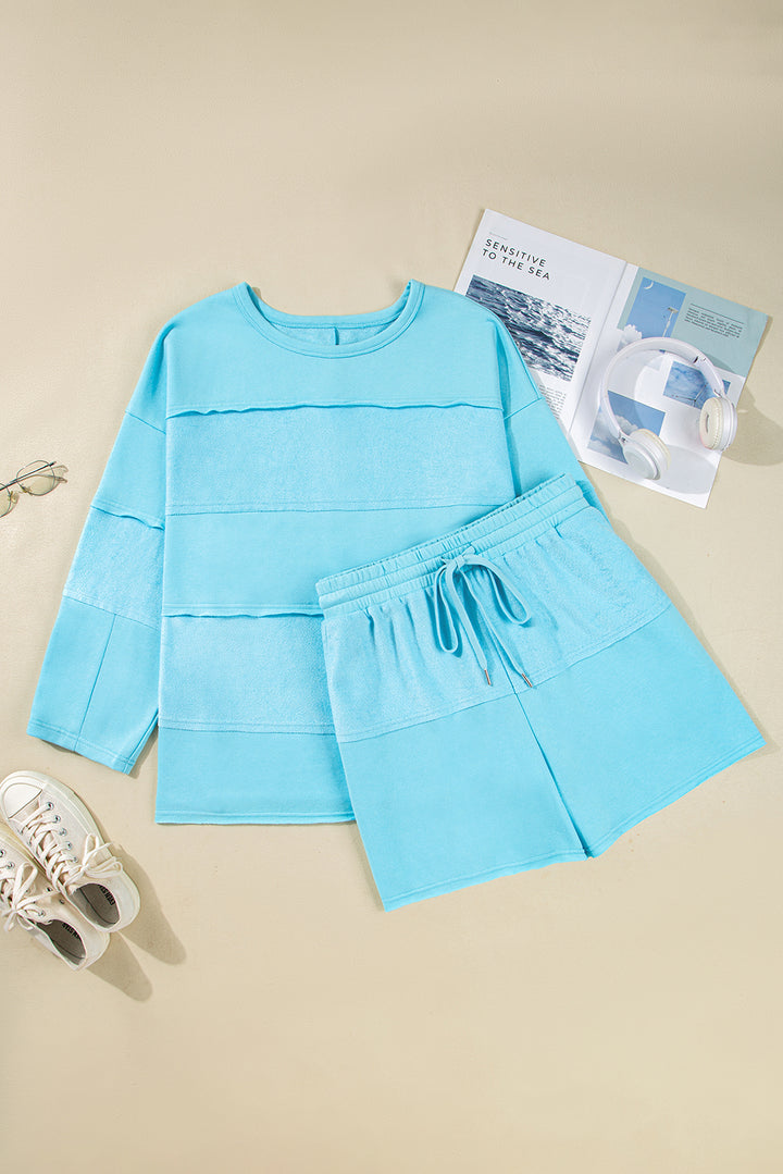 Aruba Blue Plus Size Splicing Raw Hem Pullover Top Shorts Set