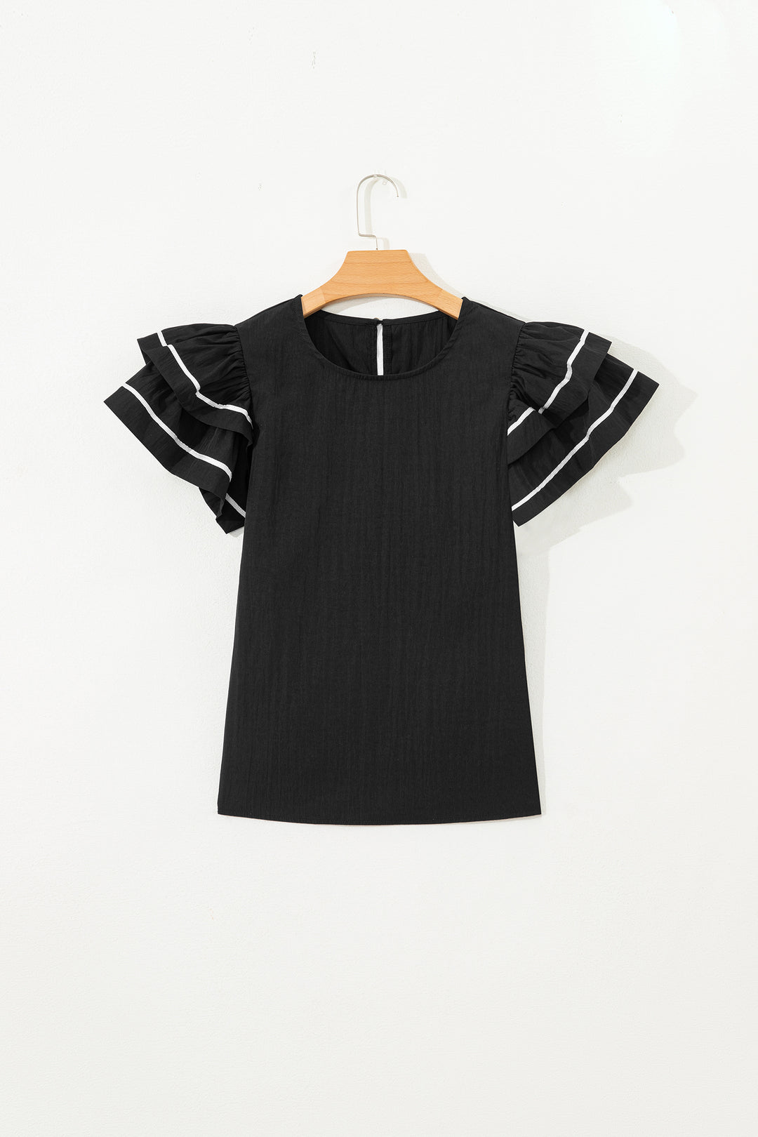 Contrast Trim Dual Ruffle Short Sleeve Textured Blouse