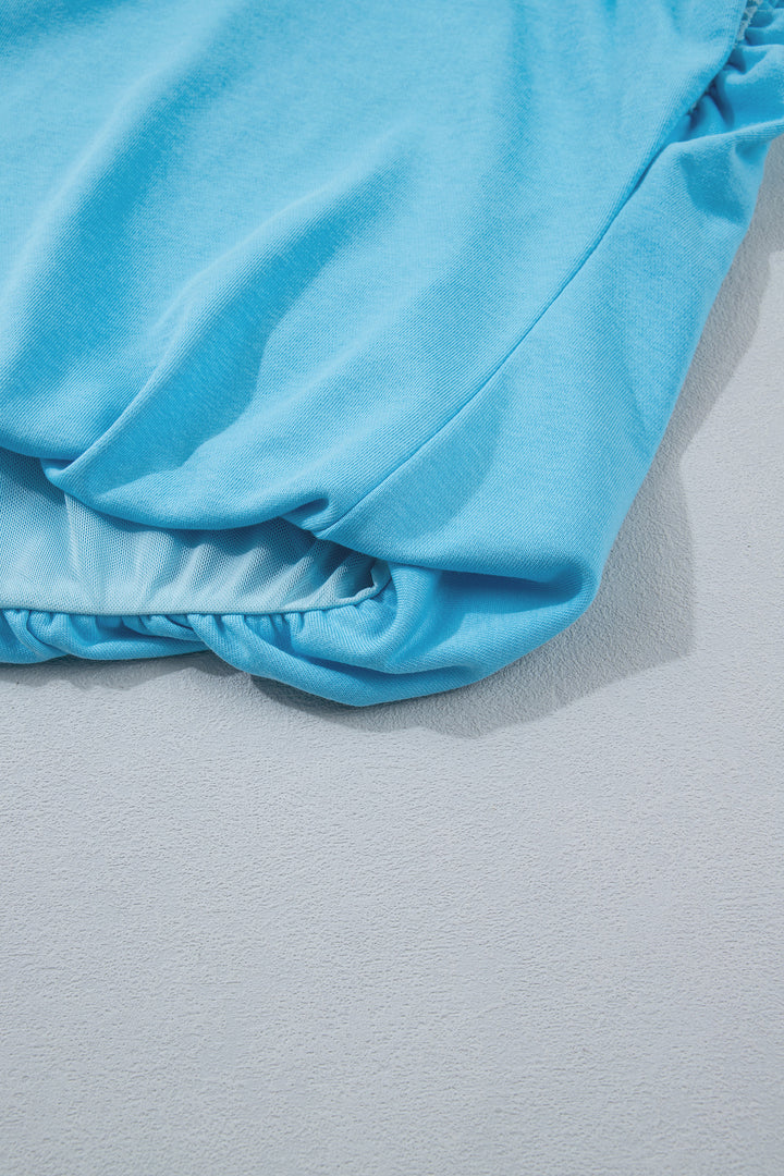 Light Blue Solid Color Puffy Loose Top Drawstring Shorts 2pcs Outfit