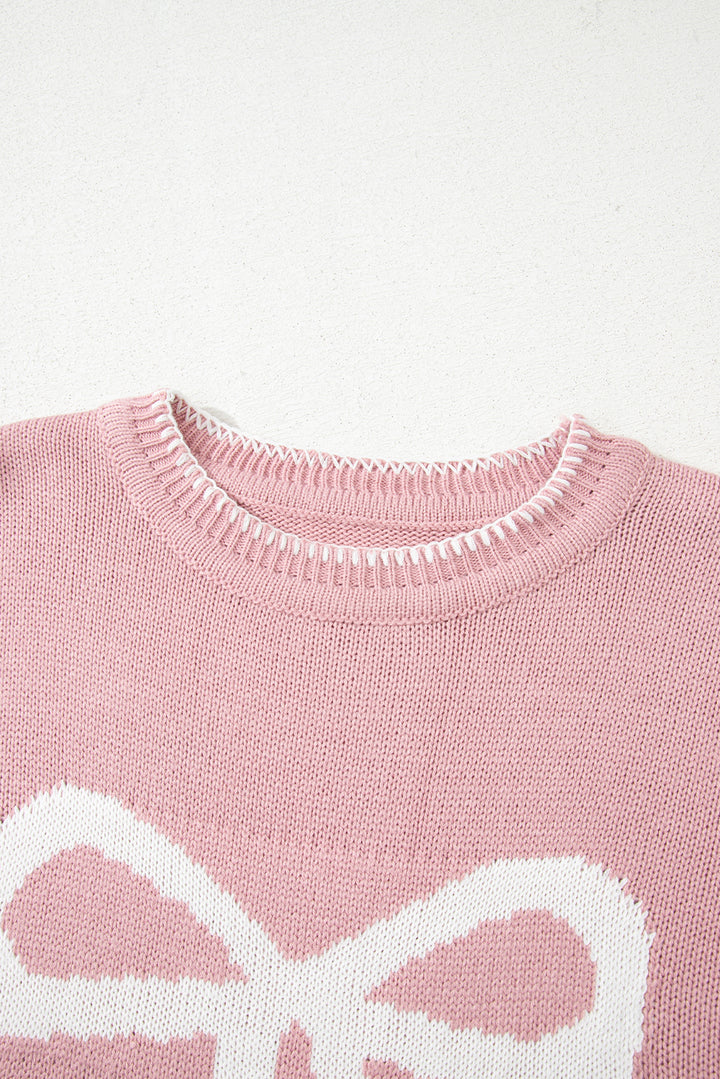 Pink Bow Pattern Contrast Trim Christmas Loose Graphic Sweater