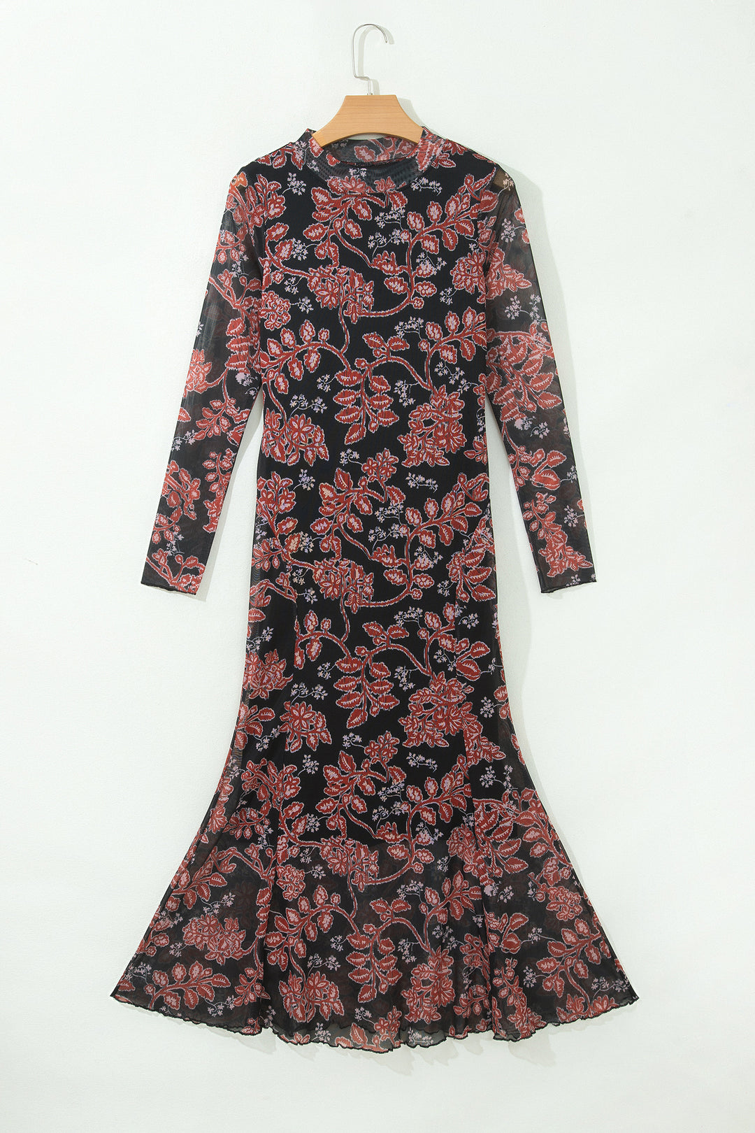 Black Retro Floral Print Long Sleeve Mesh Maxi Dress