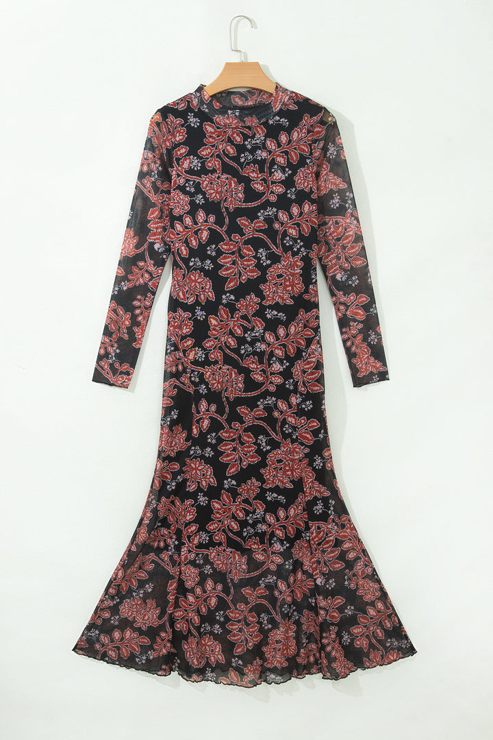 Black Retro Floral Print Long Sleeve Mesh Maxi Dress