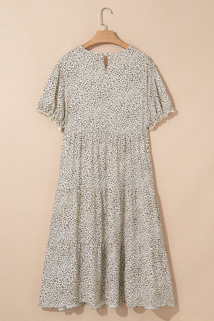 Beige Plus Size Leopard Print Short Sleeve Flared Dress