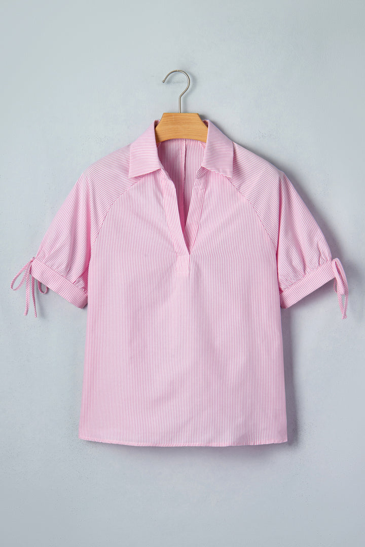 Pink Striped Print Collared Split Neck Half Sleeve Blouse