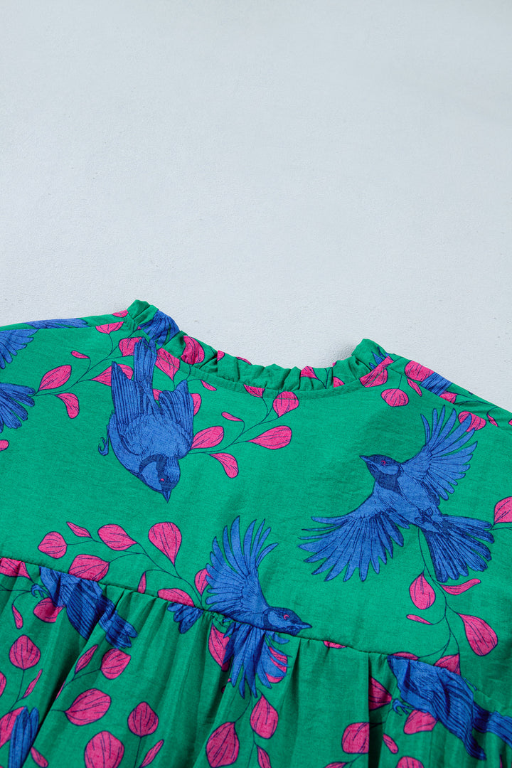 Green Abstract Print Flounced Puff Sleeve Blouse
