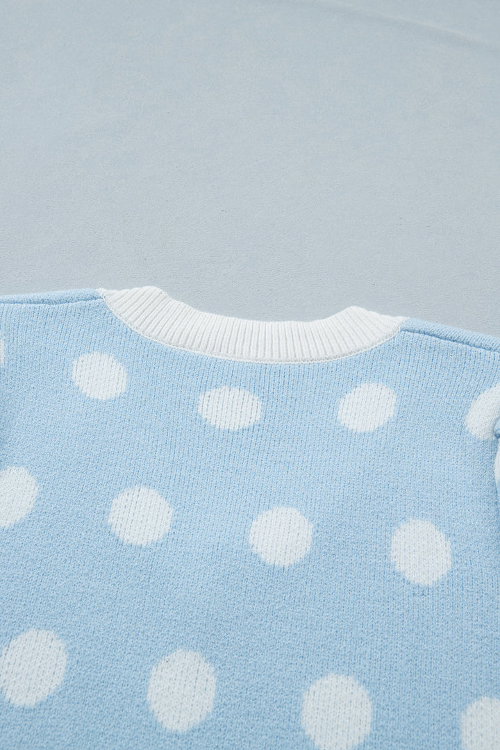 Light Blue Polka Dot Puff Short Sleeve Sweater Top
