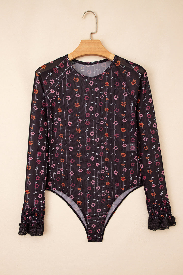 Floral Print Smocked Cuff Slim Fit Mesh Bodysuit