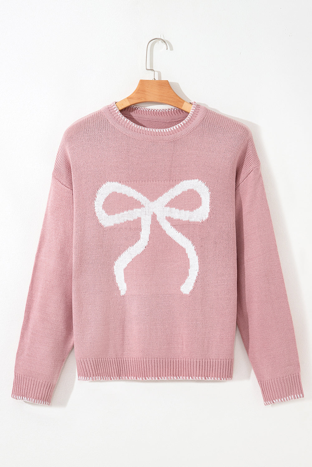 Pink Bow Pattern Contrast Trim Christmas Loose Graphic Sweater