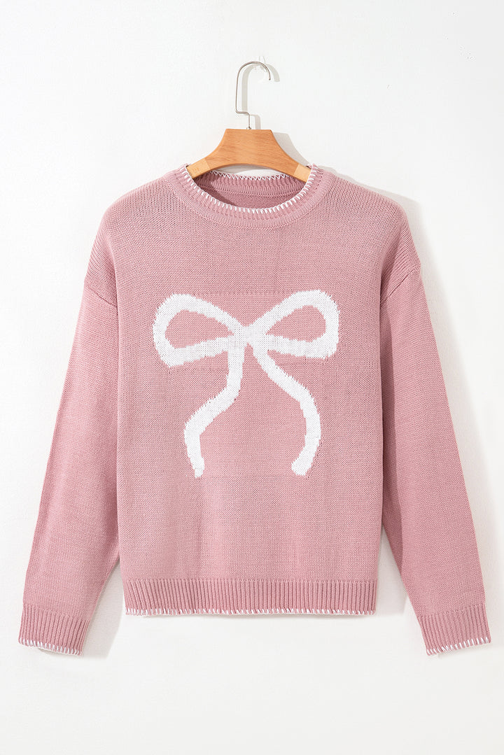 Pink Bow Pattern Contrast Trim Christmas Loose Graphic Sweater