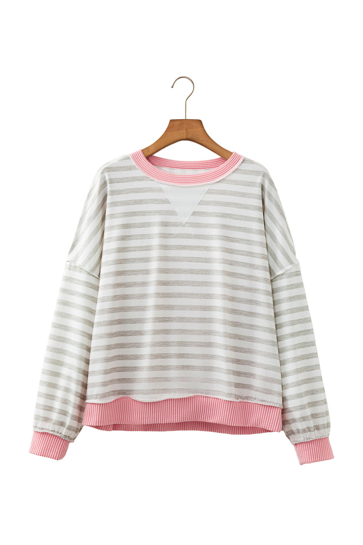 Pink Twisted Rib Trim Striped Round Neck Long Sleeve Top