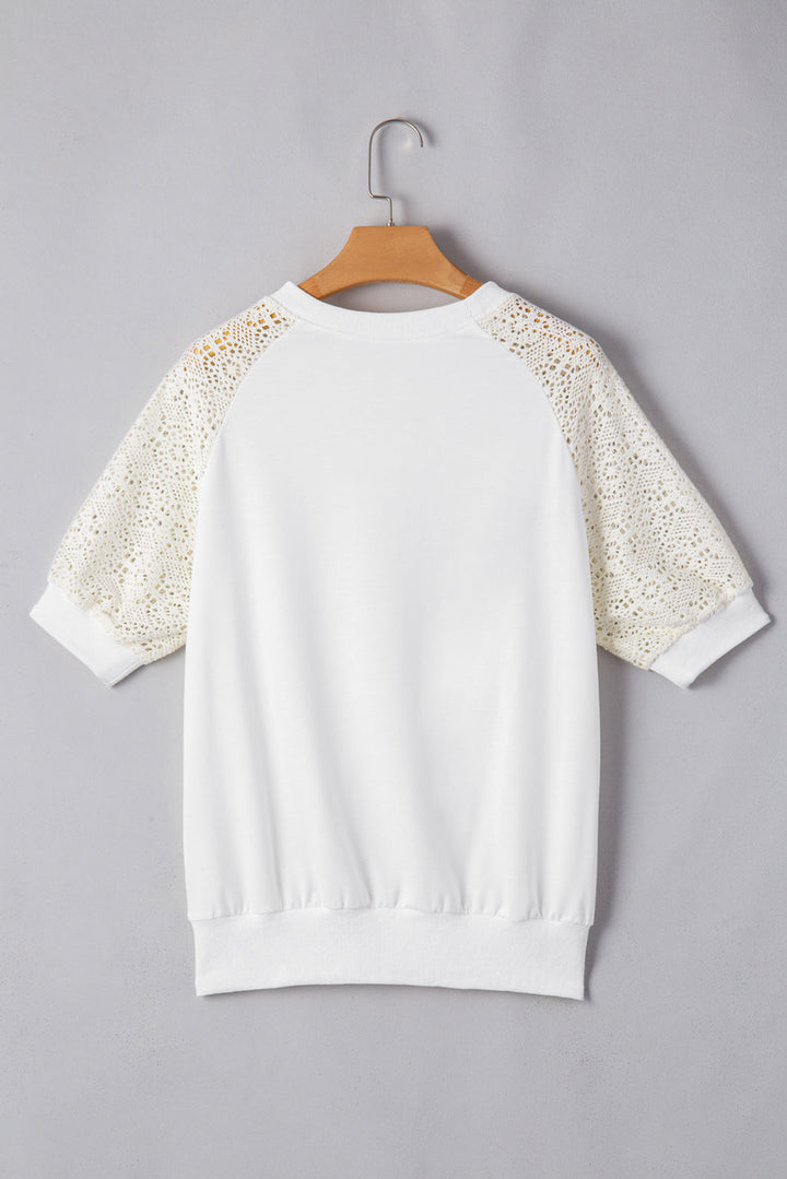 Lace Crochet Short Sleeve Round Neck T Shirt
