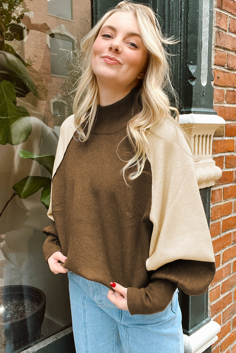 Colorblock Raglan Puff Sleeve Mock Neck Sweater
