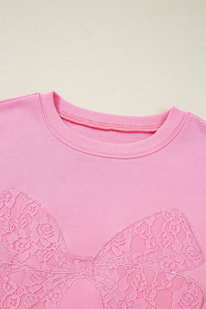 Lace Insert Bow Embroidered Exposed Seam Sweatshirt