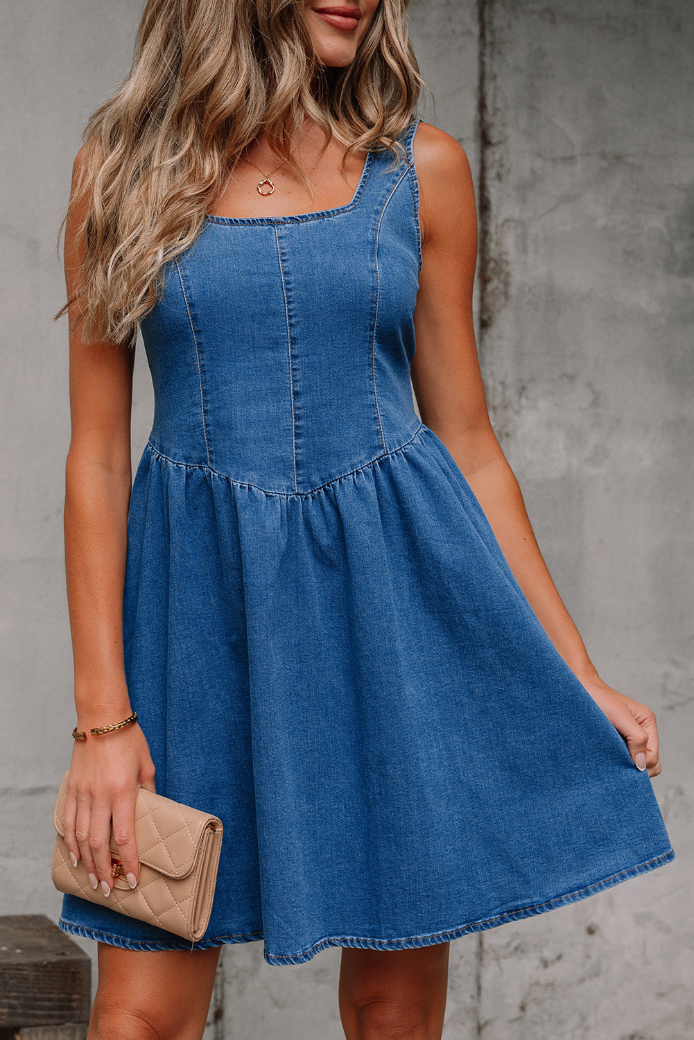 Square Neck Bowknot A-line Sleeveless Denim Dress