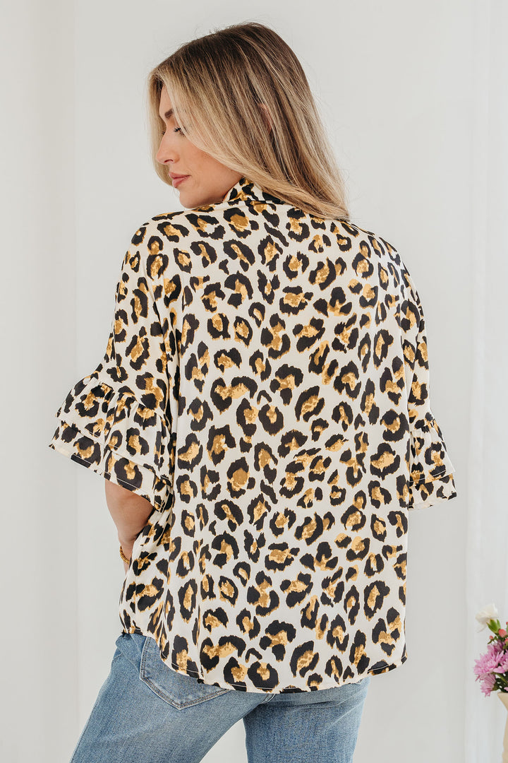 Leopard Print Ruffle Trim 3/4 Sleeve Loose Shirt