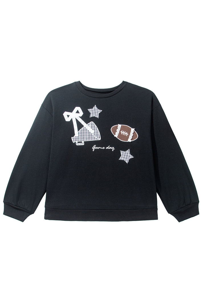 Black Rugby Game Day Patchwork Graphic Plus Size Sweatshirt