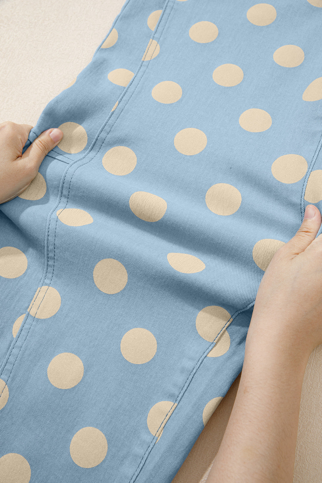 Sky Blue Polka Dot Print Bow Detail Pocketed Barrel Jeans